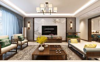 新中式风格107平两居客厅电视墙装修效果图
