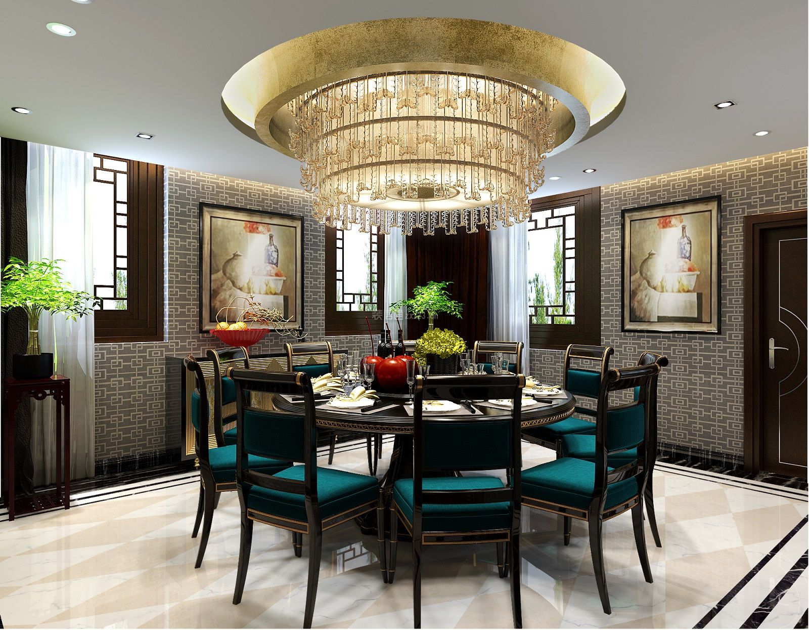 新中式别墅餐厅装修效果图 2020别墅餐厅装潢效果图 