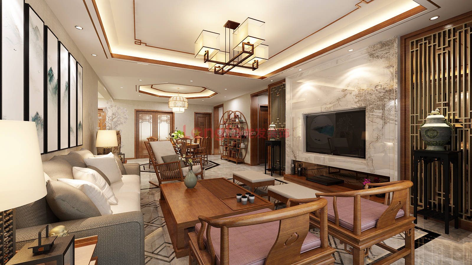 300平米新中式风格大四居客厅灯具搭配装修效果图