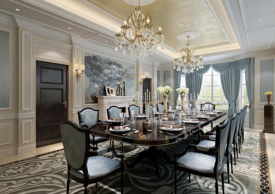 私人别墅豪华欧式餐厅长餐桌设计图