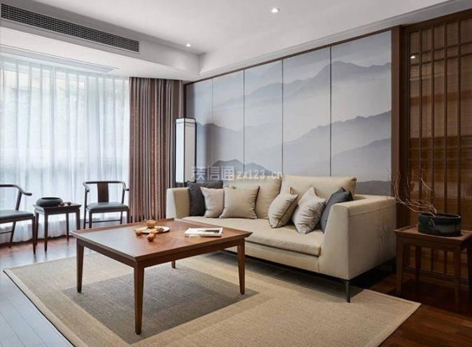 华润24城四居160平新中式风格客厅屏风式沙发背景墙设计效果