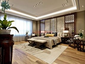 新中式风格450平别墅卧室床头背景墙装修效果图