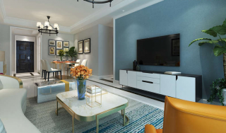 现代风格110平三室客厅蓝色电视墙装修效果图