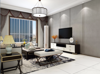 新中式风格120平米三居客厅灰色电视墙家装效果图