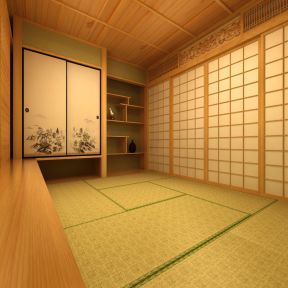 日式风格榻榻米房间墙面置物架装修效果图