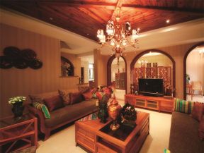 东南亚家装客厅实木吊顶设计效果图片