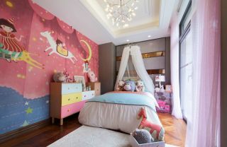 两层别墅儿童房间室内背景墙彩绘装修图