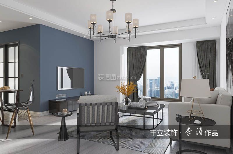现代风格101平米三居客厅蓝色电视墙装修效果图