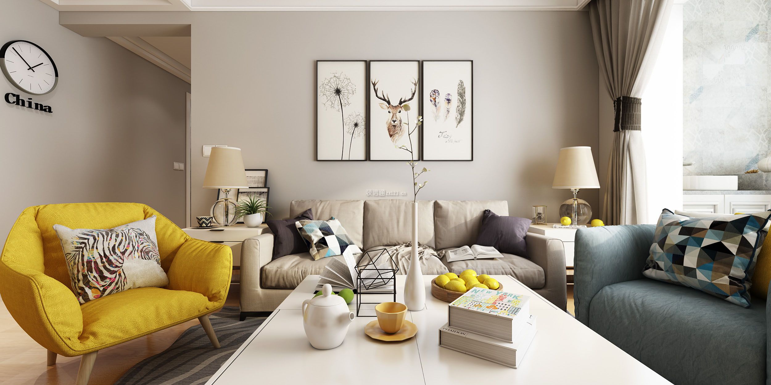 现代北欧风120平三居客厅沙发装饰效果图