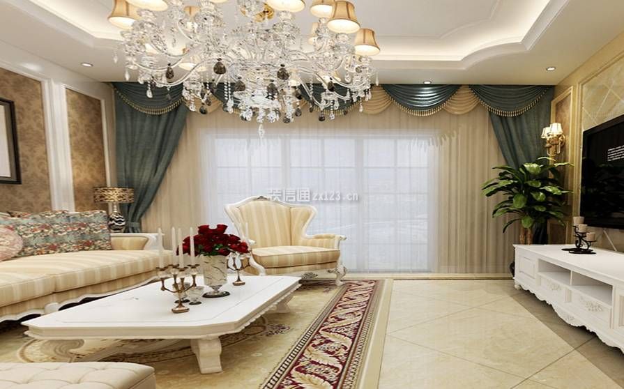 湟普国际300平跃层欧式风格客厅窗帘效果图