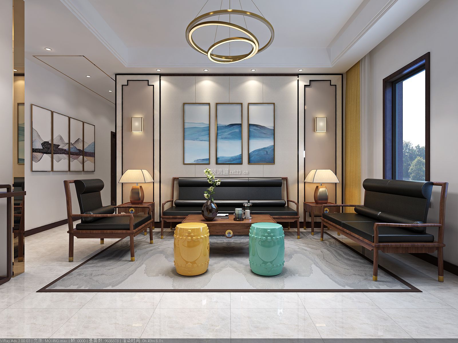新中式风格168㎡三居客厅沙发墙装修效果图