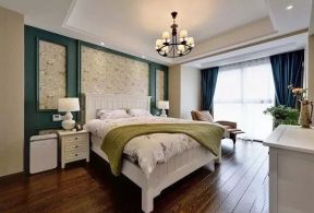  卧室实木地板效果图 美式卧室背景墙装饰