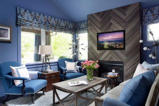 2023英伦风格客厅蓝色背景墙装修效果图片