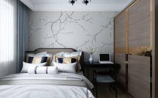 新中式风格80㎡二居卧室背景墙家装效果图