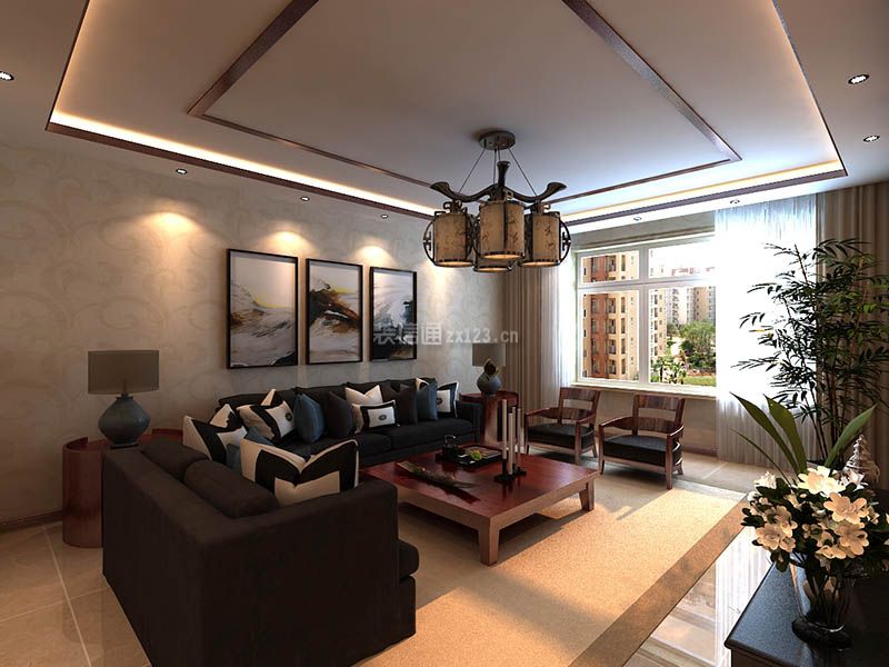 远创紫樾亭三居120平新中式风格客厅沙发窗帘效果图