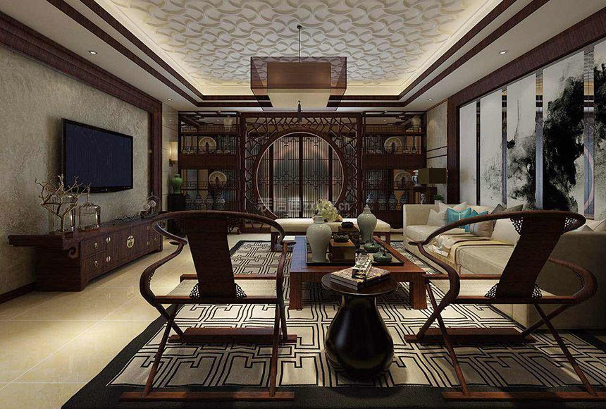 新中式风格140㎡三居客厅电视墙装修效果图