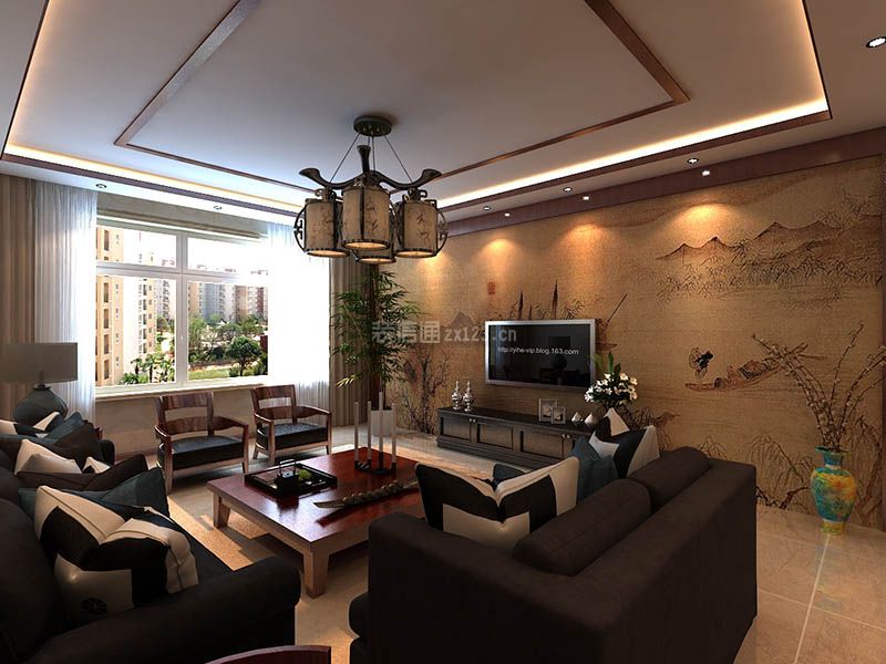 新中式客厅电视墙 2020大户型新中式客厅吊顶效果图 