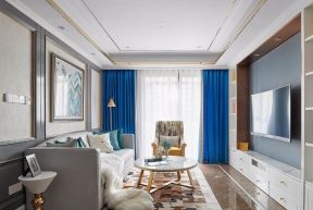 现代轻奢风格家具 2020客厅蓝色窗帘装修图片