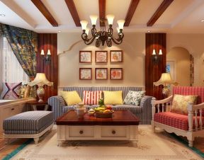 田园风格120㎡三居客厅沙发背景墙家装效果图