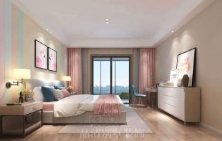 现代中式风格580平别墅卧室粉色窗帘搭配装修效果图