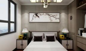 新中式风格97平三居卧室背景墙装修效果图
