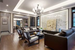 挑高客厅新中式装修效果图 2020客厅新中式家具图片