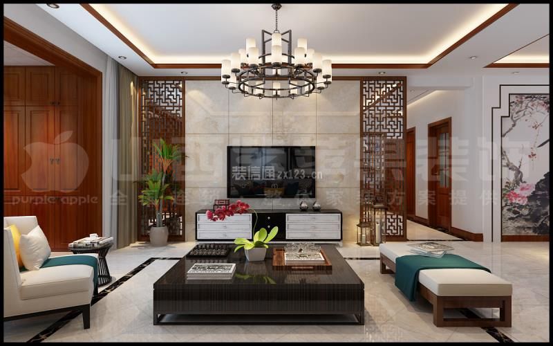 新中式风格139平米四居室客厅电视墙装修效果图