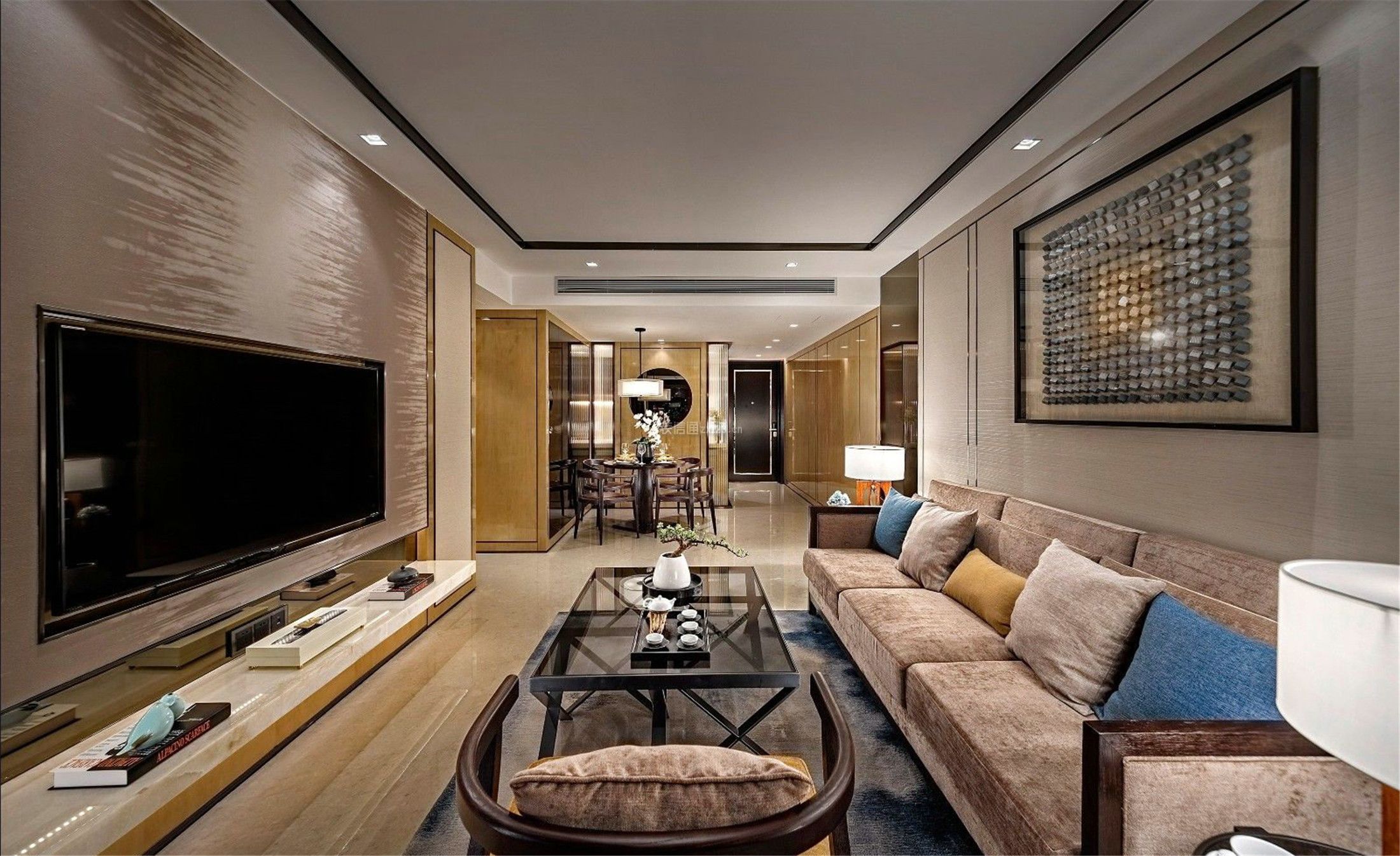 现代新中式风格128平三居客厅茶几设计图片
