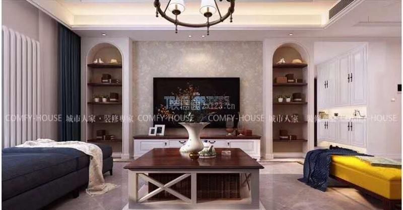 简美式风格125㎡三居客厅电视墙家装效果图