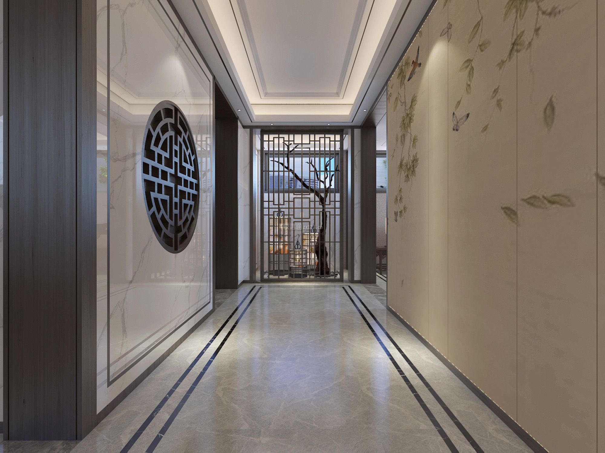 新中式风格700平米别墅走廊背景墙装修效果图