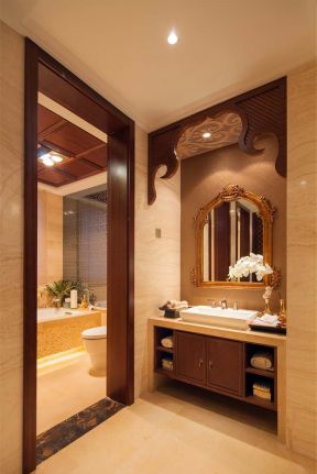 中美式风格110平米三居室卫生间洗手台装修实景图