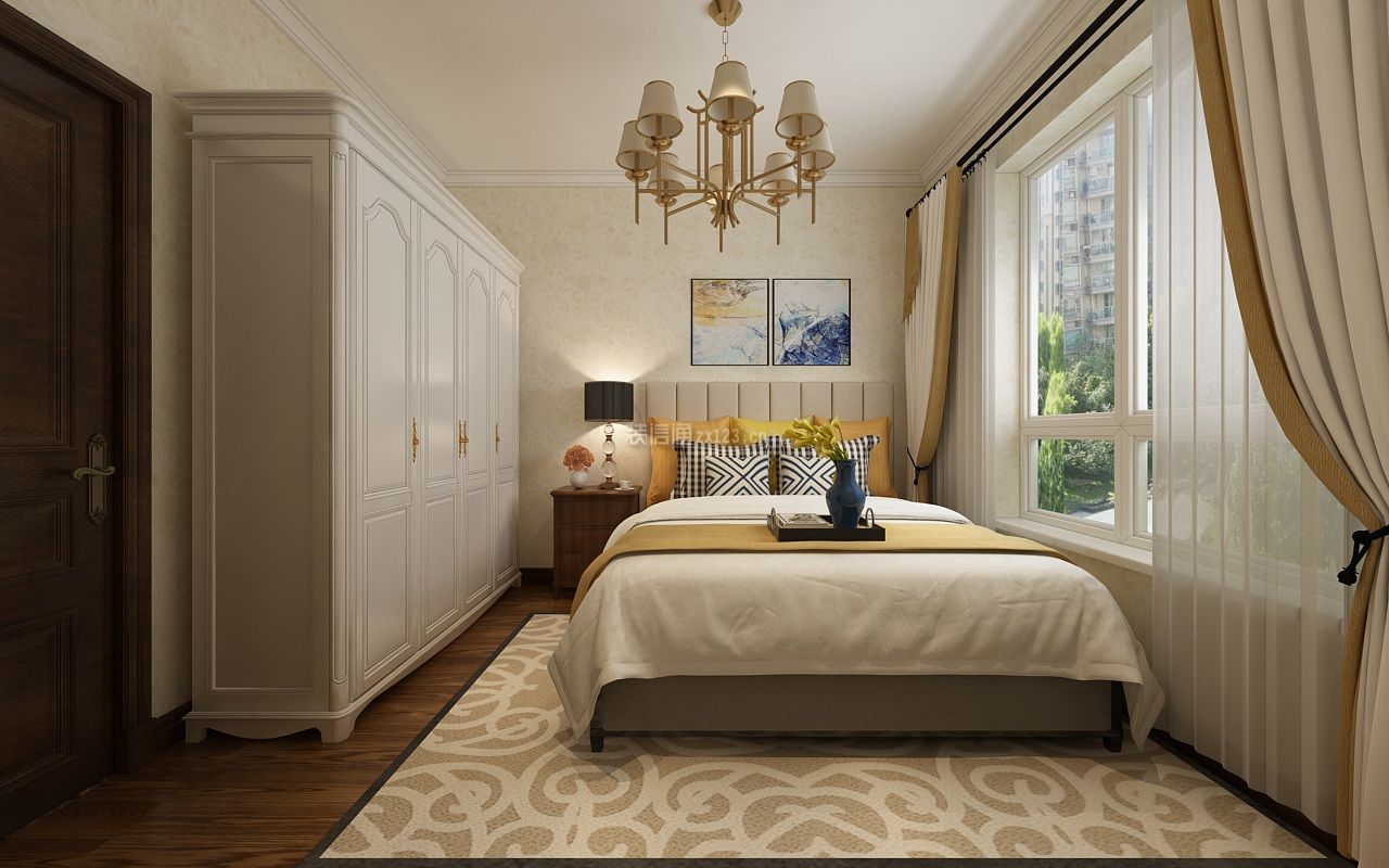 57平米简美风格二居卧室白色衣柜装修效果图