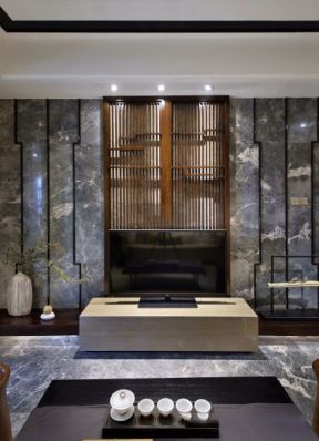 观澜国际120㎡新中式三居室电视墙装修效果图
