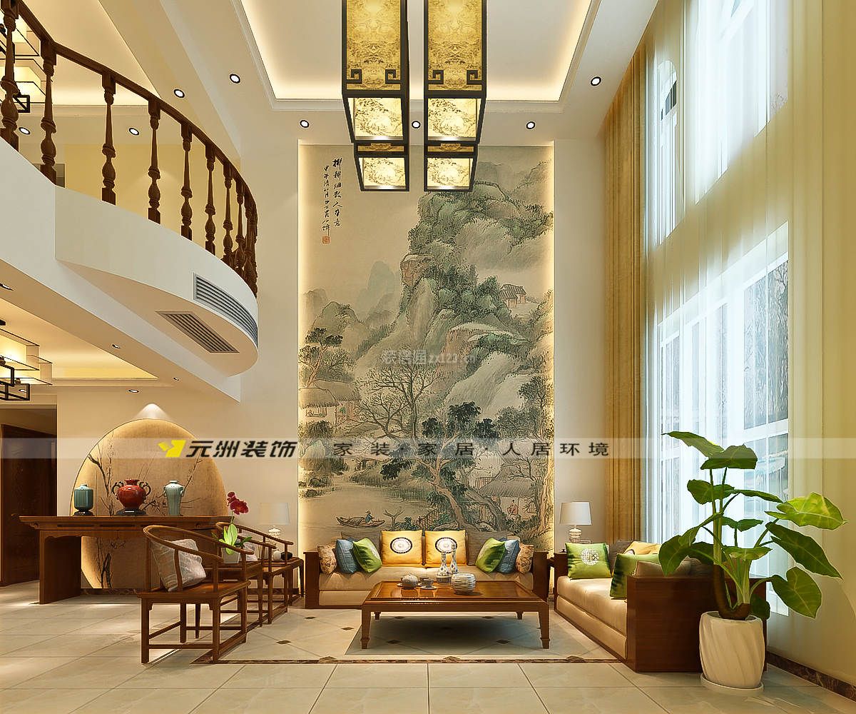 国赫红珊湾跃层230平中式风格挑高客厅背景墙山水画图片