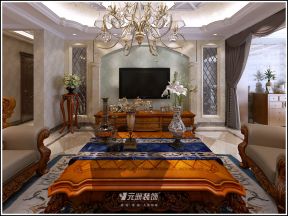 瀚唐三居135平欧式古典风格客厅实木茶几电视柜设计