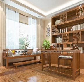 国赫红珊湾跃层230平中式风格书房罗汉床设计-每日推荐