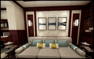 新中式风格268平复式客厅沙发背景墙设计效果图