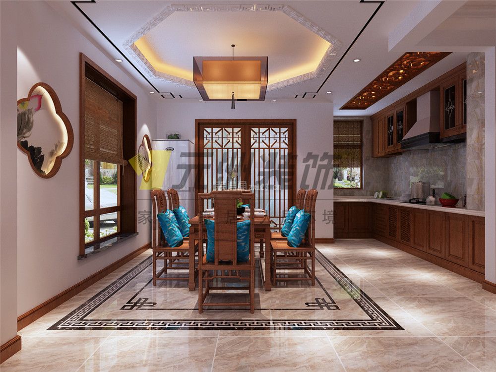 碧桂园别墅320平中式风格餐厨一体实木柜设计
