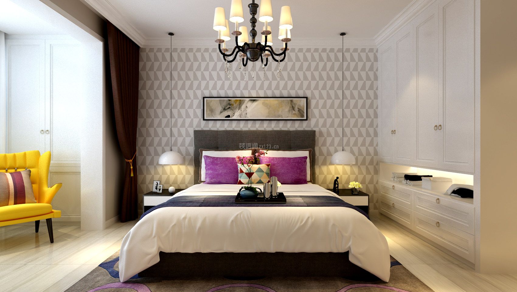 2023现代风格简约卧室床头壁纸装修设计图