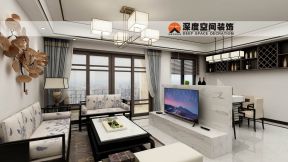 112平米现代中式风格三居客厅半隔断电视墙设计效果图