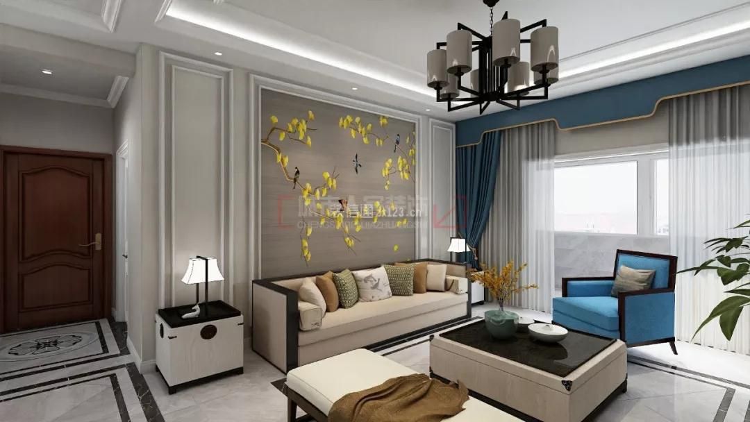 138平新中式风格客厅沙发摆放布置效果图