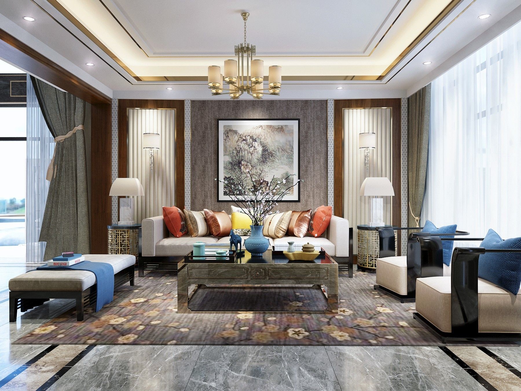 380平米新中式风格别墅客厅沙发背景墙设计效果图