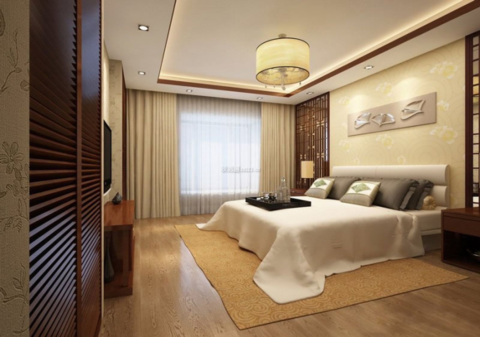 中式风格三居主卧室纯色窗帘装修装饰图片