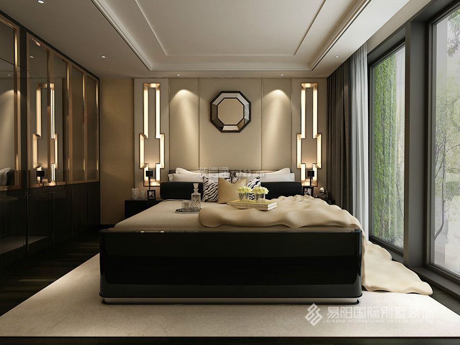 500平高级别墅卧室落地窗装潢设计效果图