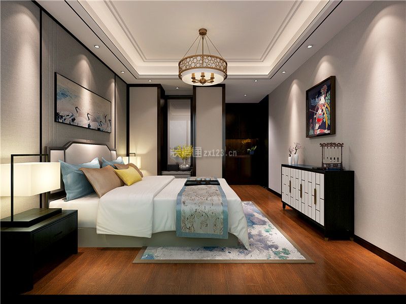 新中式风格家庭卧室实木地板图片2023