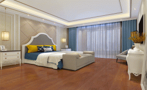 160平米现代欧式四居室卧室蓝色窗帘家装效果图