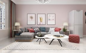 现代北欧风格57平两居客厅粉色墙面设计效果图