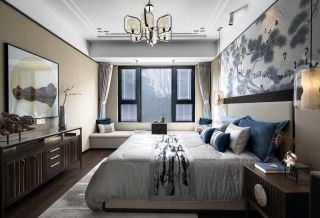 新中式风格绵阳别墅卧室床头背景墙装修图片