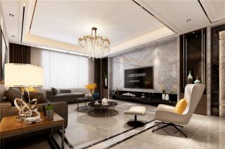 现代轻奢风格170平四居室客厅石材电视墙设计效果图