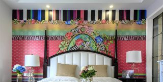 86平米现代欧式风格三室卧室彩色墙面装饰图片